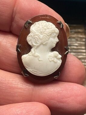 Vintage Carnelian Shell Cameo Brooch, Mid-Century Left Facing Portrait Pin